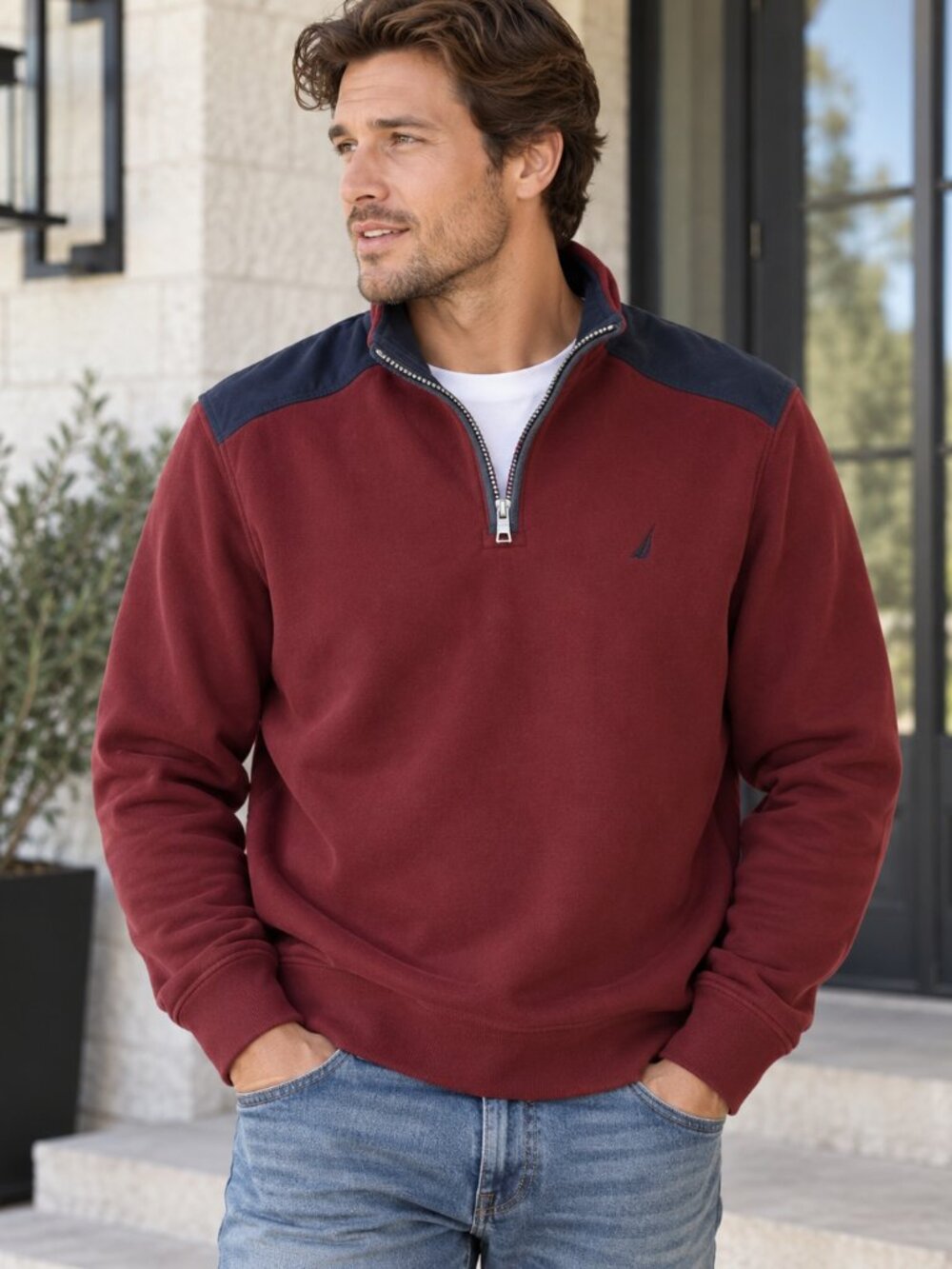 Nautica Men’s Large Burgundy Navy Quarter Zip Pullover Sweatshirt